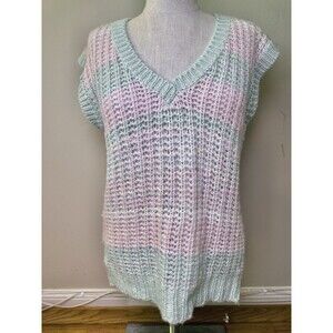 One Step Up Women's Crocheted Sleeveless V-neck Striped Top Vest Pink Green Sz M